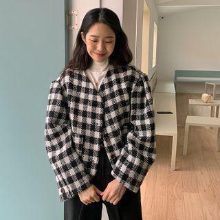 Puff-sleeve Gingham Tweed Jacket