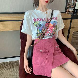 Elbow-sleeve Plain Crew-neck Loose-fit Print T-shirt/plain High-waist Asymmetric Shorts Skirt