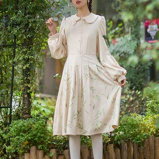 Long-sleeve Print Embellished Midi A-line Dress