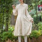 Long-sleeve Print Embellished Midi A-line Dress