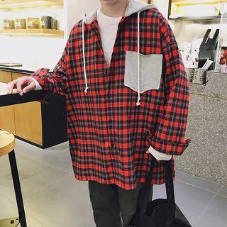Color Panel Plaid Hooded Shirt