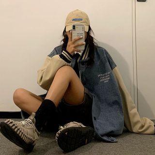 Denim Panel Lettering Button Baseball Jacket