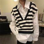 Mock Two-piece Striped Panel Shirt White & Black - One Size