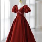 Puff-sleeve V-neck Embellished A-line Evening Gown