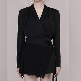 Set: Long-sleeve Satin Top + Lace Panel Skort
