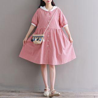 Plaid Elbow Sleeve Hooded Dress