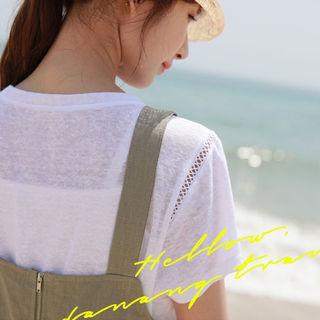 Linen-panel Lace-trim T-shirt
