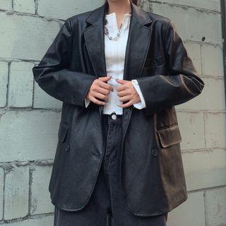 Faux Leather Double Bresated Blazer