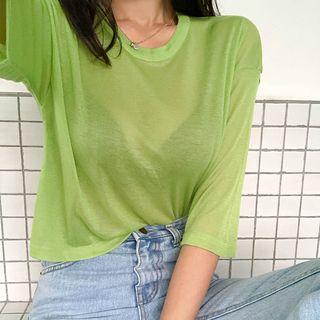 Elbow-sleeve Sheer Crop T-shirt