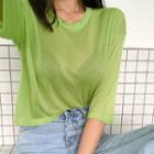 Elbow-sleeve Sheer Crop T-shirt