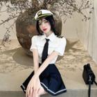 Shirt With Necktie / Mini A-line Skirt / Cap / Set