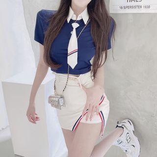 Short-sleeve Polo Shirt / Tie / Mini Skirt / Belt / Set