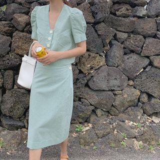 Single-breasted V-neck Puff-sleeve Blouse / High-waist A-line Midi Skirt