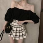 Off-shoulder Chiffon Top / Plaid Pleated Skirt