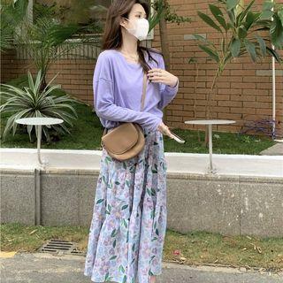 Long-sleeve Top / Floral Midi A-line Skirt