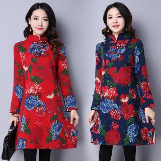 Floral Print Mandarin Collar Long Sleeve Dress