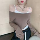 Set: Long-sleeve Off-shoulder Cropped T-shirt + Camisole Top