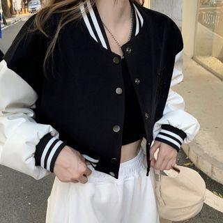 Contrast Trim Cropped Baseball Jacket Black - One Size