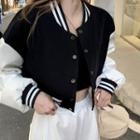 Contrast Trim Cropped Baseball Jacket Black - One Size