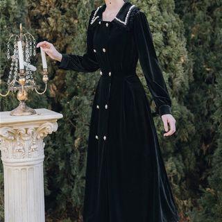Double-breasted Long-sleeve A-line Midi Velvet Dress