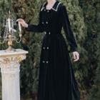Double-breasted Long-sleeve A-line Midi Velvet Dress