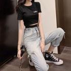 Short-sleeve Crop Top / Distressed Straight-fit Jeans / Set