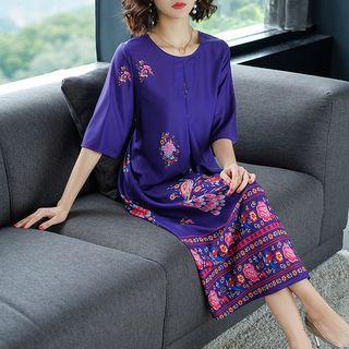 Print Elbow-sleeve A-line Midi Dress
