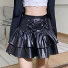 Leather Faux Pleated Mini A-line Skirt