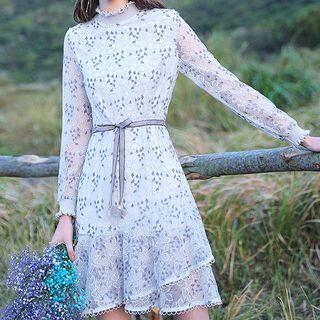Floral Embroidered Long-sleeve A-line Mini Lace Dress