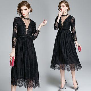 Long-sleeve Dotted Panel Midi A-line Lace Dress