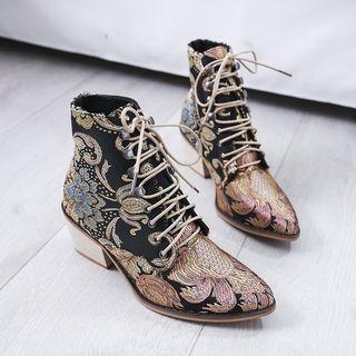 Embroidered Chunky-heel Lace-up Ankle Boots