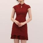 Cap-sleeve Embroidered Mini A-line Qipao Dress