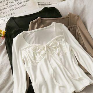 Ribbon-neckline Ruched Crop T-shirt