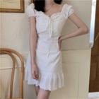 Eyelet Trim Short-sleeve Mini A-line Dress White - One Size