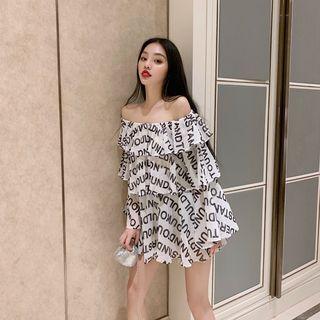 Lettering Off-shoulder Mini Chiffon Dress
