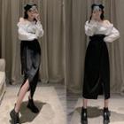 Slit Midi Skirt / Cold Shoulder Blouse