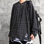 Long-sleeve Striped Distressed T-shirt White Stripes - Black - One Size