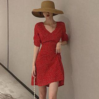 Dotted V-neck Short-sleeve A-line Dress