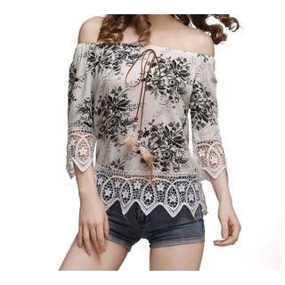 Print Off-shoulder Lace Trim Top