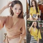 Silm-fit V-neck Bell-sleeve Chiffon Top