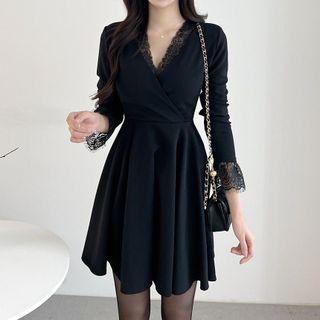 Long-sleeve Lace Trim Mini A-line Wrap Dress Black - One Size
