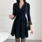 Long-sleeve Lace Trim Mini A-line Wrap Dress Black - One Size
