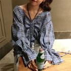 Tie-neck Drawstring-front Plaid Blouse