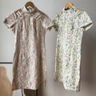Short-sleeve Lace Panel Floral Qipao Dress