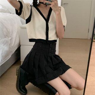 Short-sleeve Ribbed Cardigan / A-line Skirt