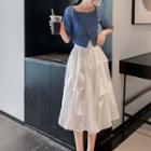 Short-sleeve Slit Top / Midi A-line Skirt / Set