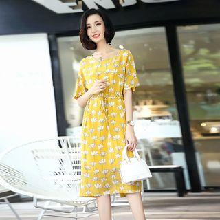 Short-sleeve Patterned Silk Dress