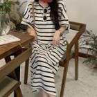 Short-sleeve Striped Slit Midi Shift Dress Stripes - Black & White - One Size