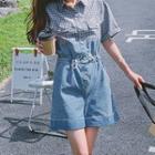 Short-sleeve Plaid Panel Denim Romper