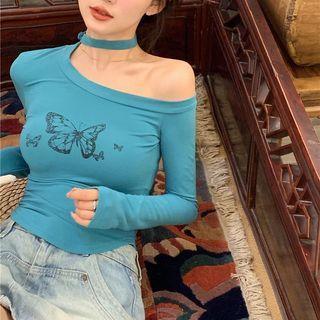 Long-sleeve Cutout Butterfly Print Slim-fit Top